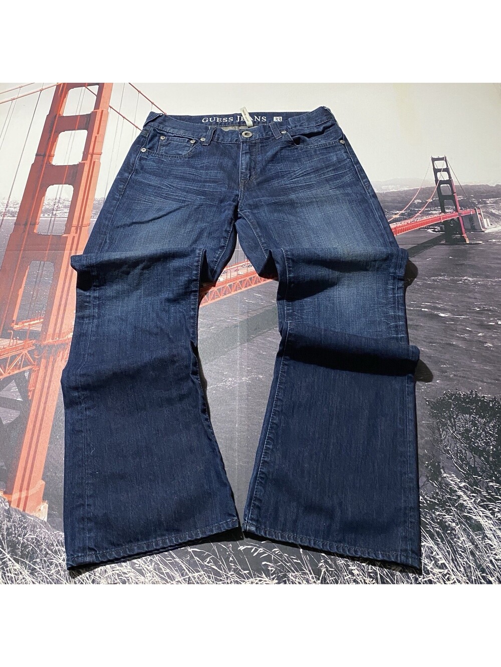 VTG Y2K Guess Falcon Slim Boot Jeans Mens 33x32 Whiskering Wash Wide Leg Denim